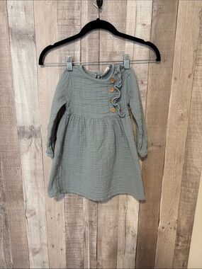City Mouse Organic cotton Girls' Long-Sleeve Sage Green Ruffle Button Dress